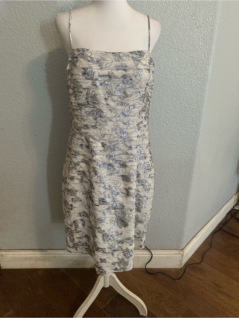 JS Collections Soft White Dress with Blue and Silver Metallic Floral Accents